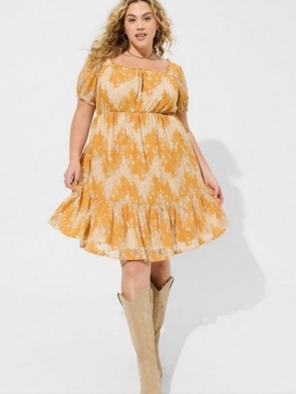 Torrid Mustard Yellow Floral Lace Babydoll Milkmaid Ruffle Mini Dress 2X